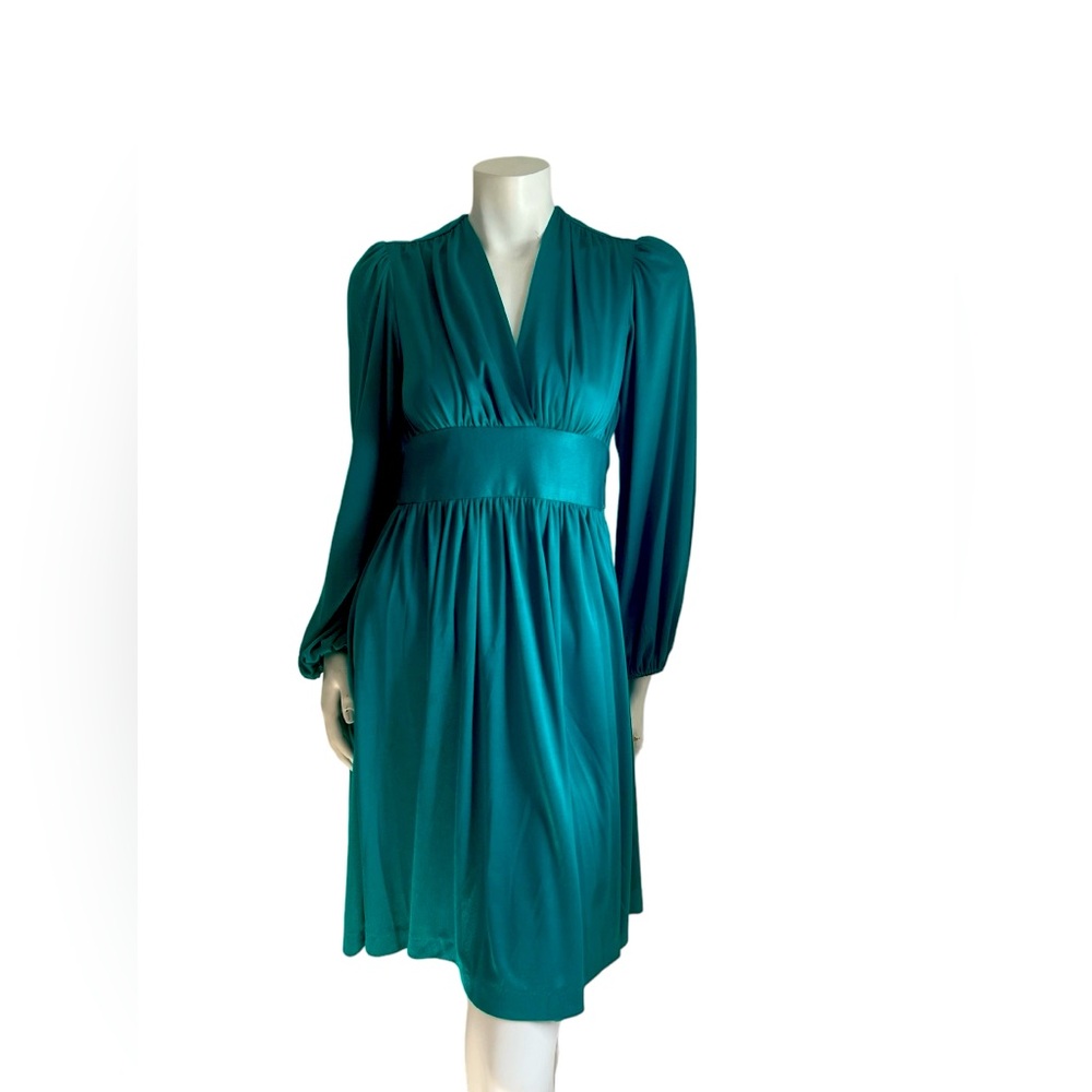 Joy Stevens 1970s  Emerald Green Long Sleeve Disco Vintage 70s Dress